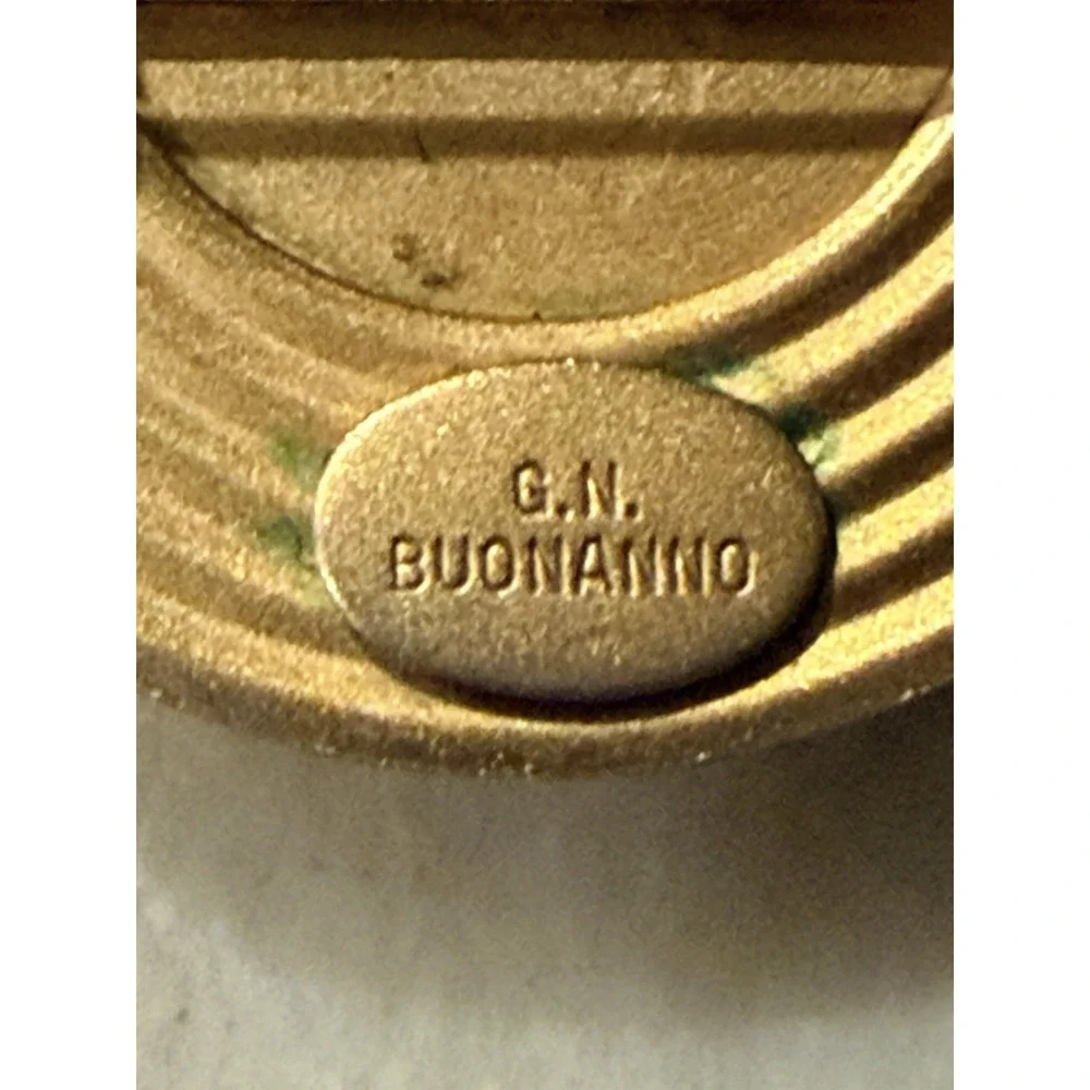 Vintage GN Buonanno Brooch Gold Tone Circle MCM Atomic Green Stone